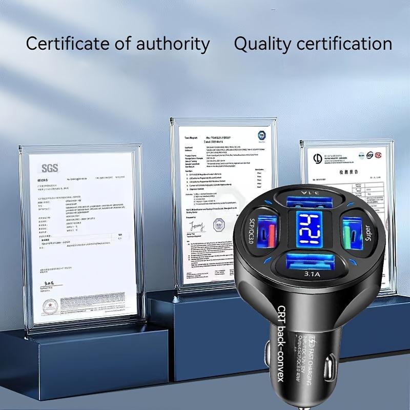 66W 4 Port USB Car Charger Adapter with LED Voltage Display Fast Charging for 12-24V Vehicles