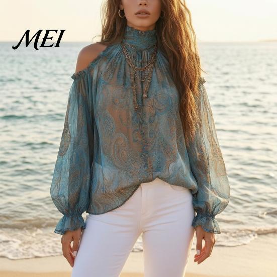 Skin Friendly Shirts Women Fall Cold Shoulder Shirt, Vintage Ethnic Print High Collar Blouse, Casual Ruffle Lantern Sleeve Top Ladies