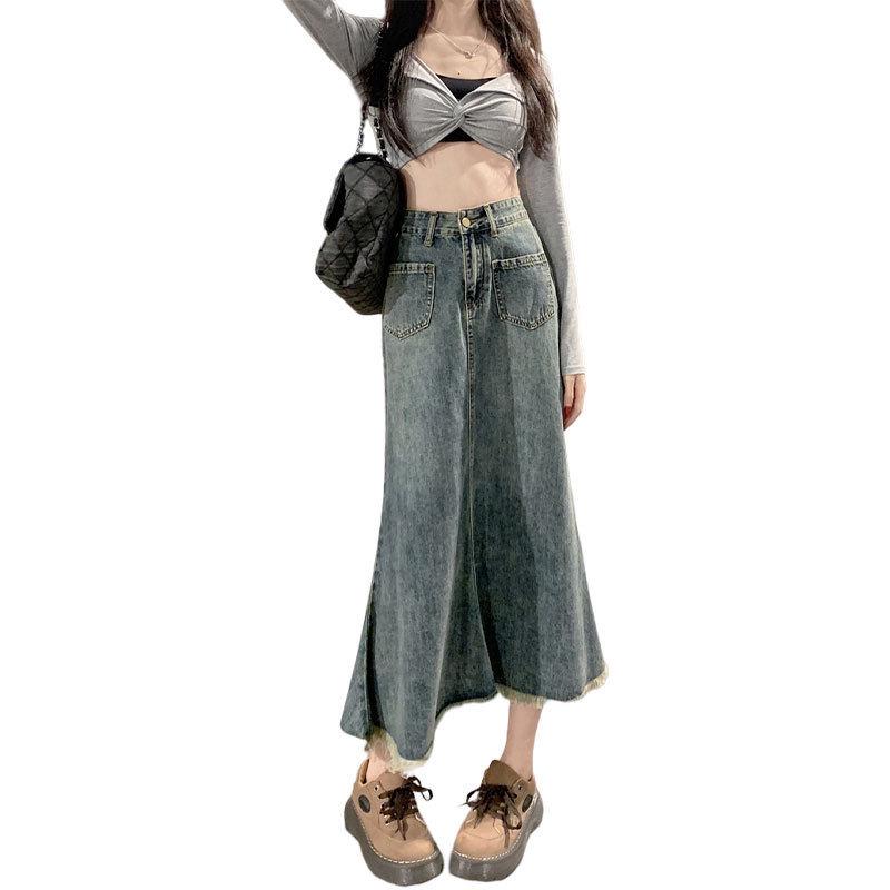 Women's High-Waisted A-Line Mermaid Skirt with Frayed Hem - New Korean Summer Style