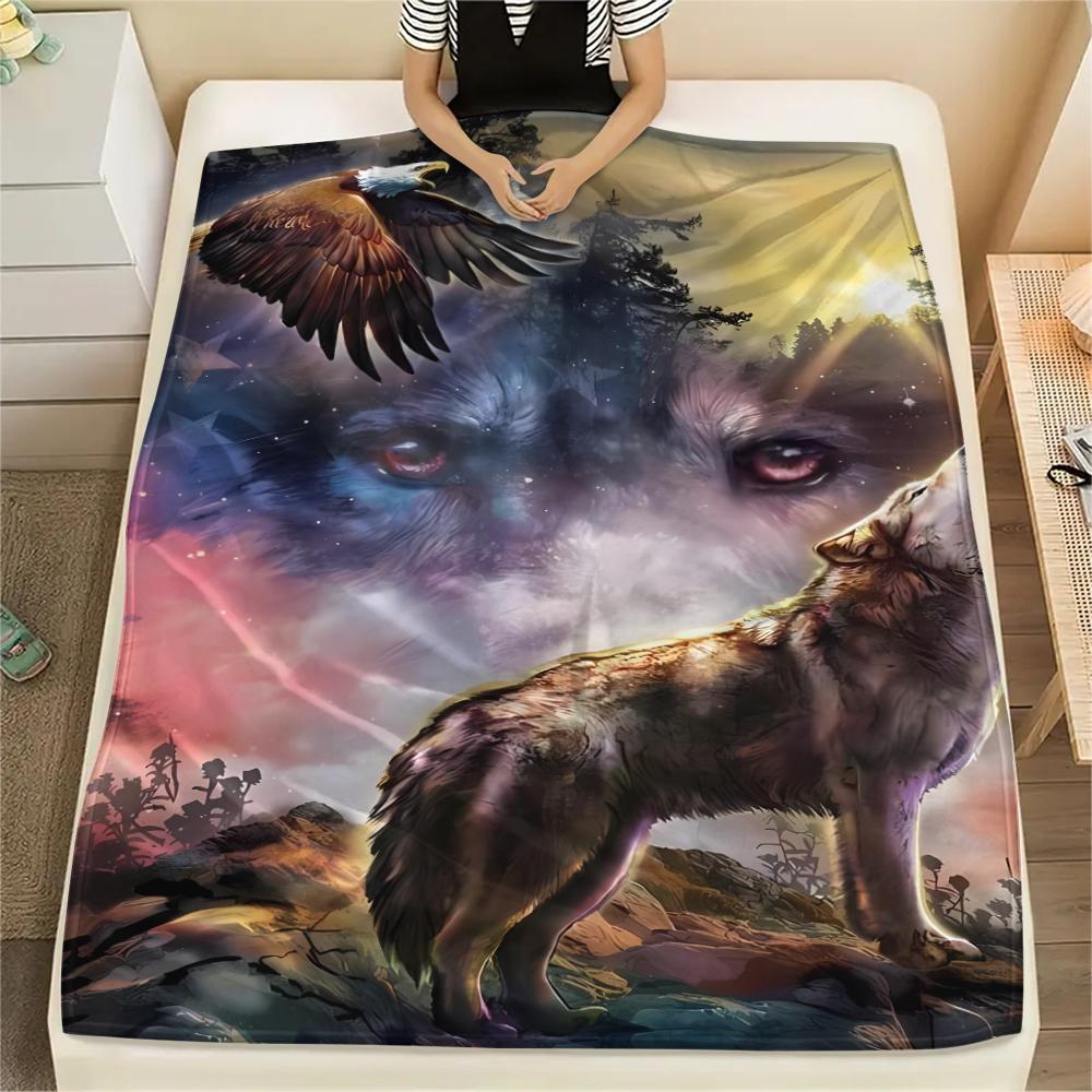 1Pc Indian Wolf Print Flannel Blanket, High quality Comfortable for All Seasons, Home Decor, Warmth and Comfort, Perfect for Christmas Gifts