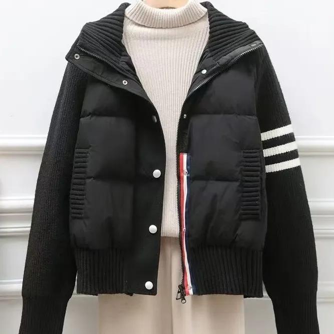 Manteau d'automne Hiver pour Femme Tricoté Manches Longues Assemblage Veste en Coton Parka Sport Loisir Femme Haut Court Vêtement d'Extérieur