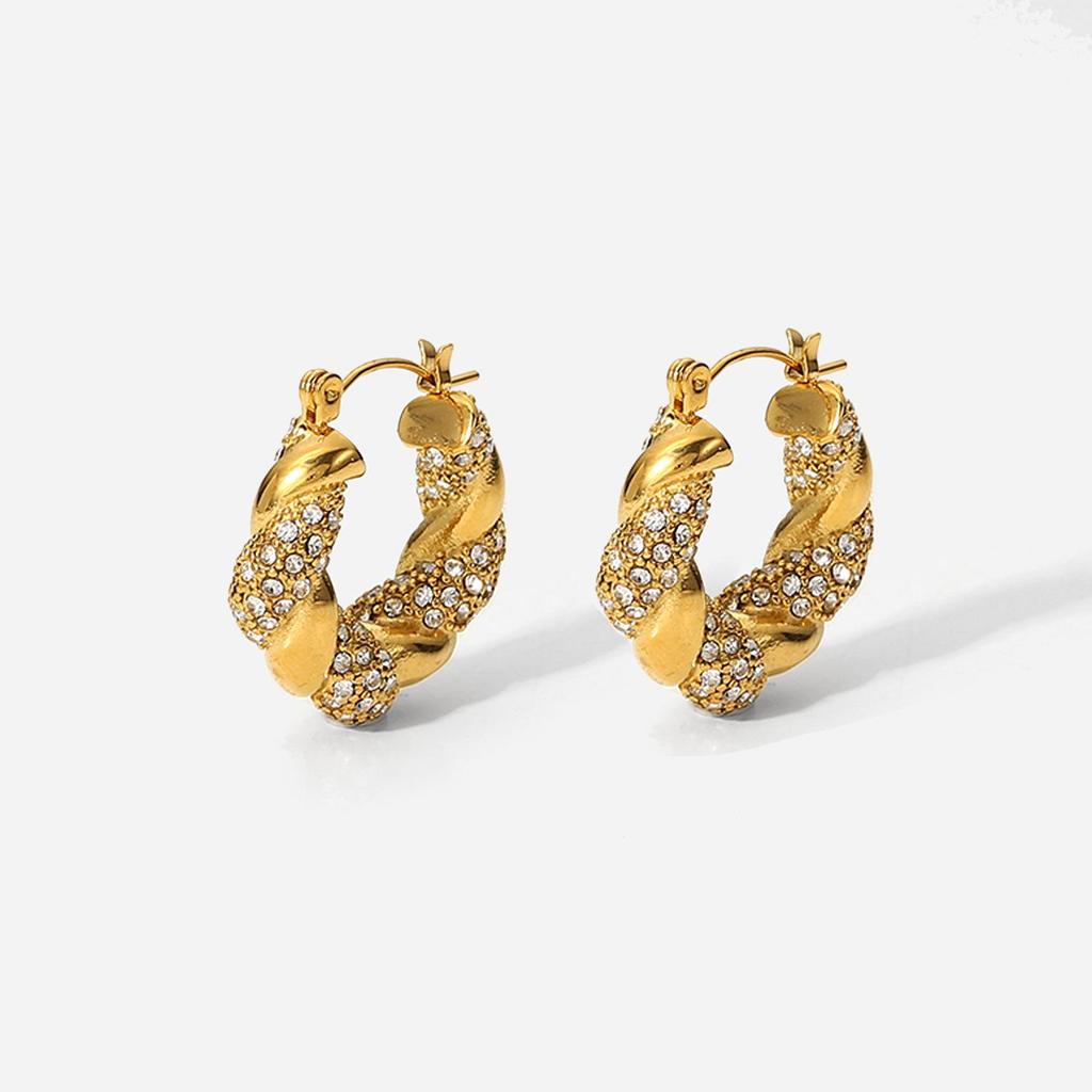 18K Gold & Zircon U-Shaped Irregular Twisted Earrings for Women
