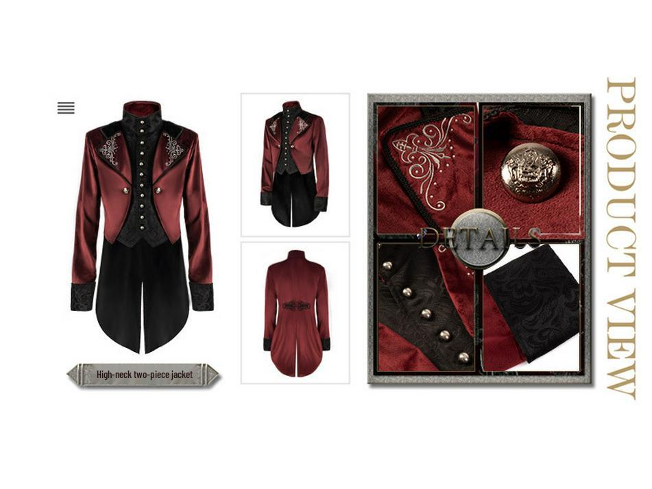 Pánský vínově červený retro punkový kabát střední délky se stojáčkem (Vydání 2025)