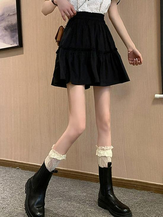 

2024 Spring & Autumn Women s Petite High Waist A-line Pleated Umbrella Skirt S чёрный