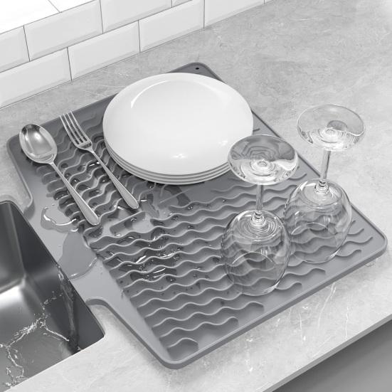 Silicone Drain Mat Nordic Style Heat-Resistant Rectangular Shape Sloped Design Non-slip Dish Drying Mat Kitchen Accessory