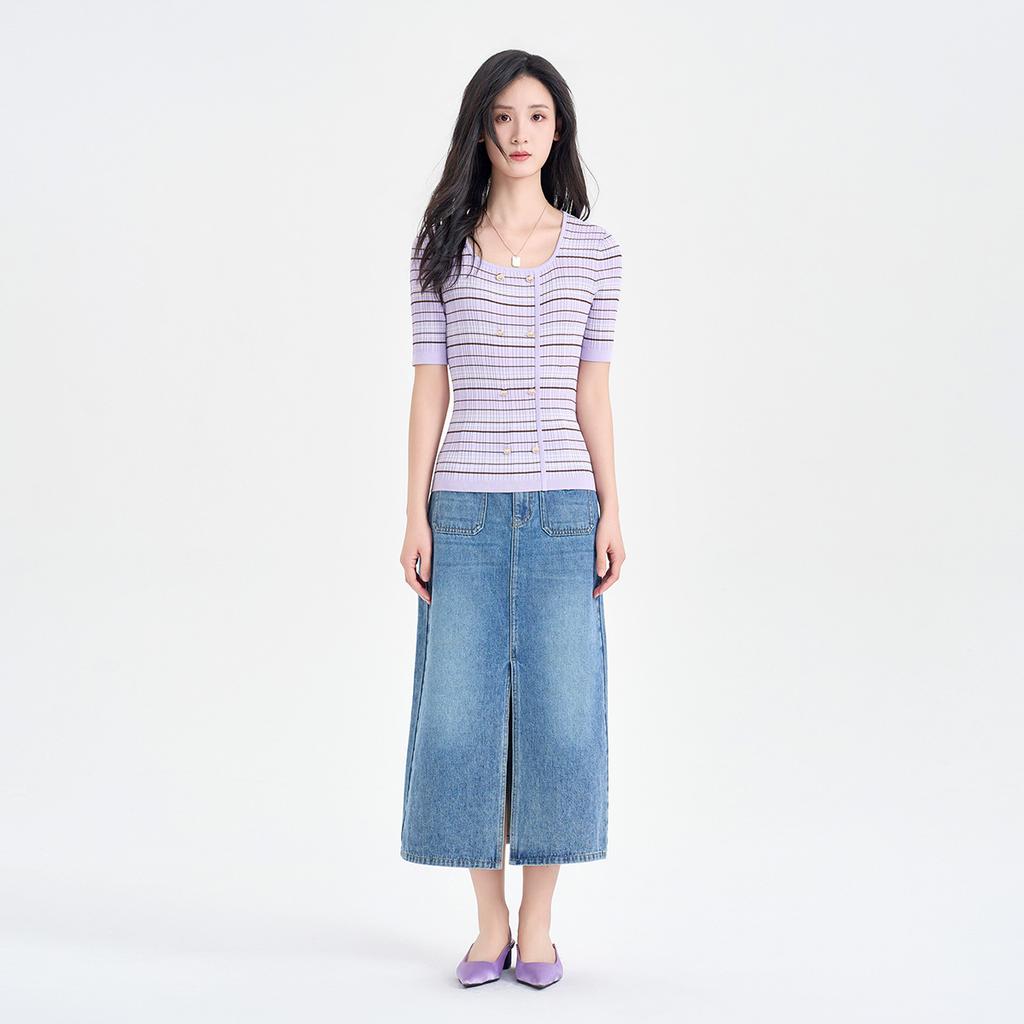 Square Collar Striped Knitted Sweater for Women In the Summer of 2026, Double Breasted Slim Fit and Slimming, Mid Sleeve Style Base Top