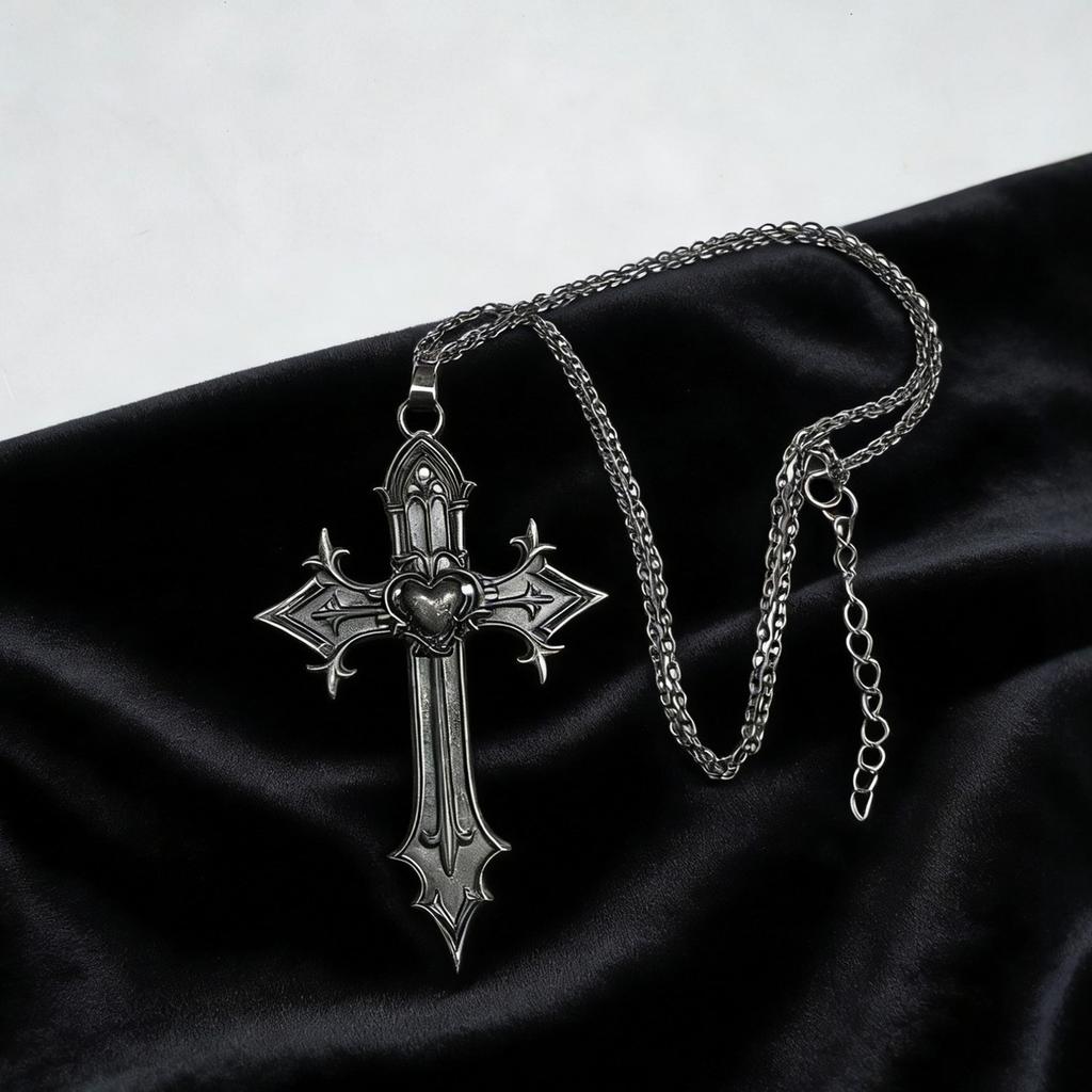 Stylish Gothic Inspire Necklace With Intricate Crosses And Heart Detail