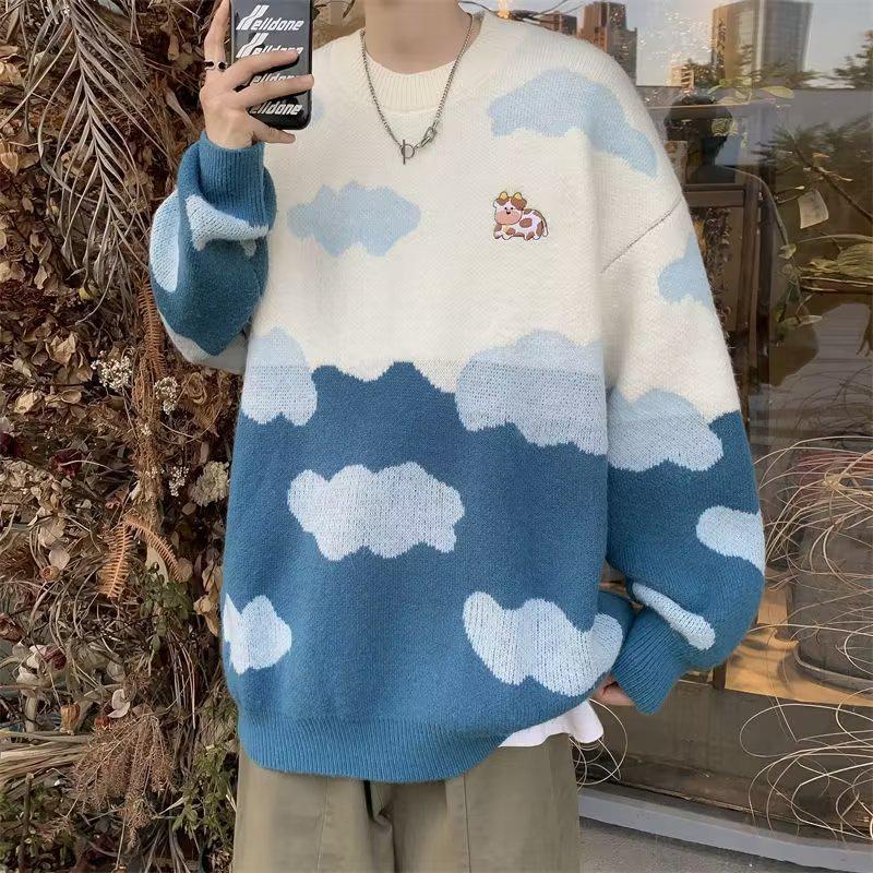 

Унисекс Пастельный свитер с облачной вязкой – Голубое небо и белые облака M
