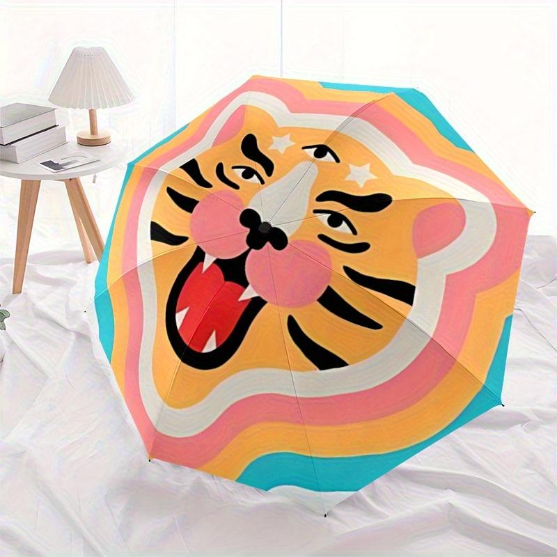1pc Tiger Face Automatic Folding Umbrella, Portable & Foldable Design with 8 Ribs, Casual Outdoor Accessory Halloween and Christmas gifts yy