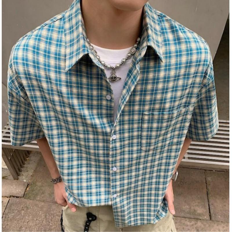 Men's Summer Loose Short-sleeved Casual Shirt Retro Plaid Shirt