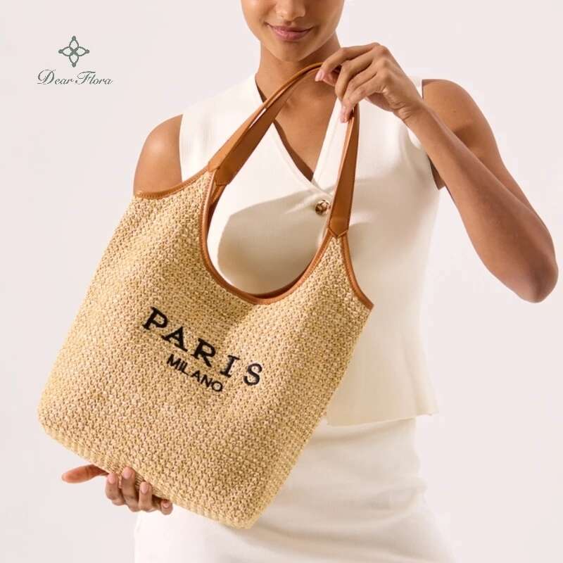 Womens Fashion Letters Straw Summer Beach Shoulder Bags Large Capacity Tote Bags Holiday Designer Casual Handmade Woven Handbags