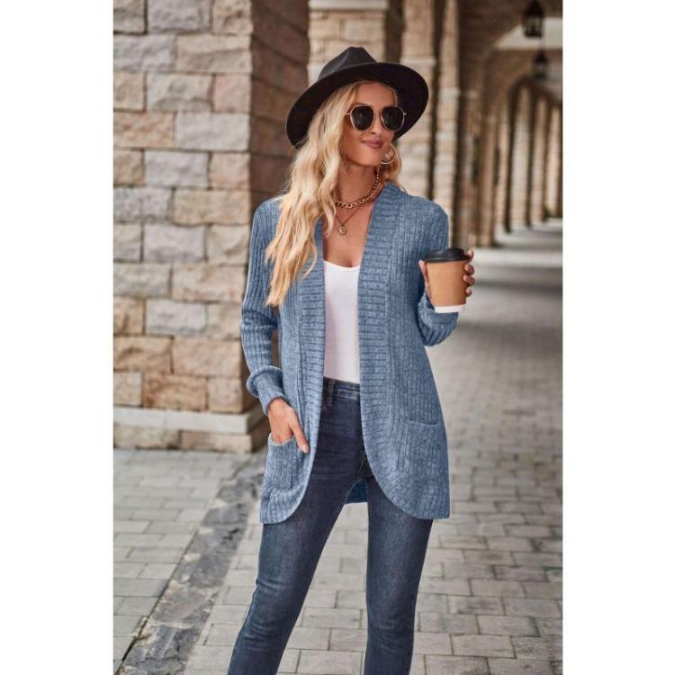 Women's Versatile Long Sleeve Cardigan Solid Color Pocket Spring Fall Clothing