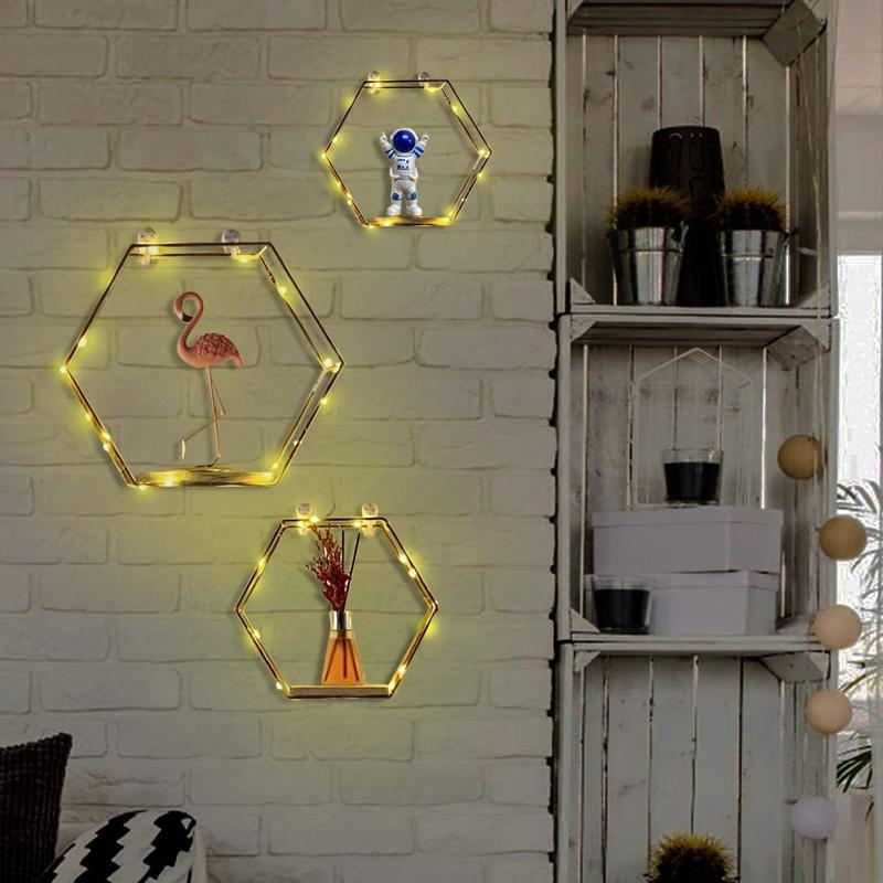 3Pcs/Set Hexagon Shape Iron Wall Shelf Metal Storage Decor Shelves with Wood Board Bedroom Living Room Handicraft Display Racks