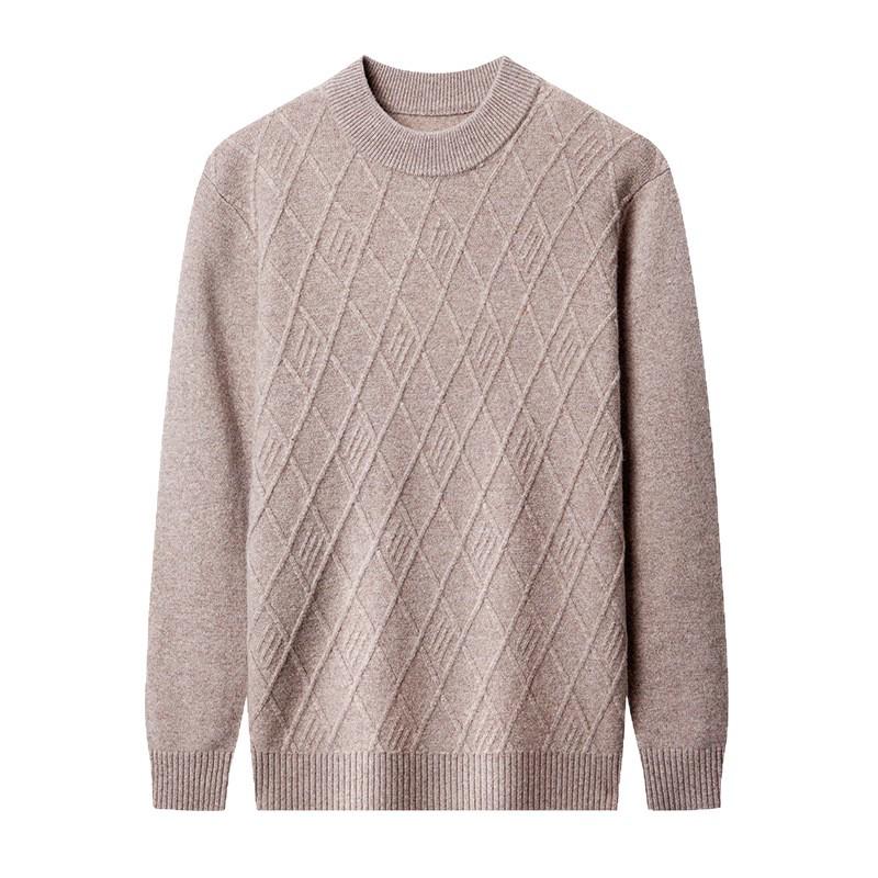 Men's 100% Wool Round Neck Winter Sweater, Casual Business Jacquard Knitwear