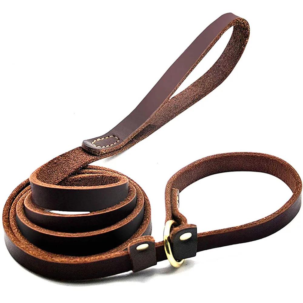 Collar Deslizante Plano de Cuero Genuino para Perros Collar de Cuero Cosido a Mano Duradero Correa de Cuero Cadena Deslizante para Mascotas Para Entrenamiento y Paseo