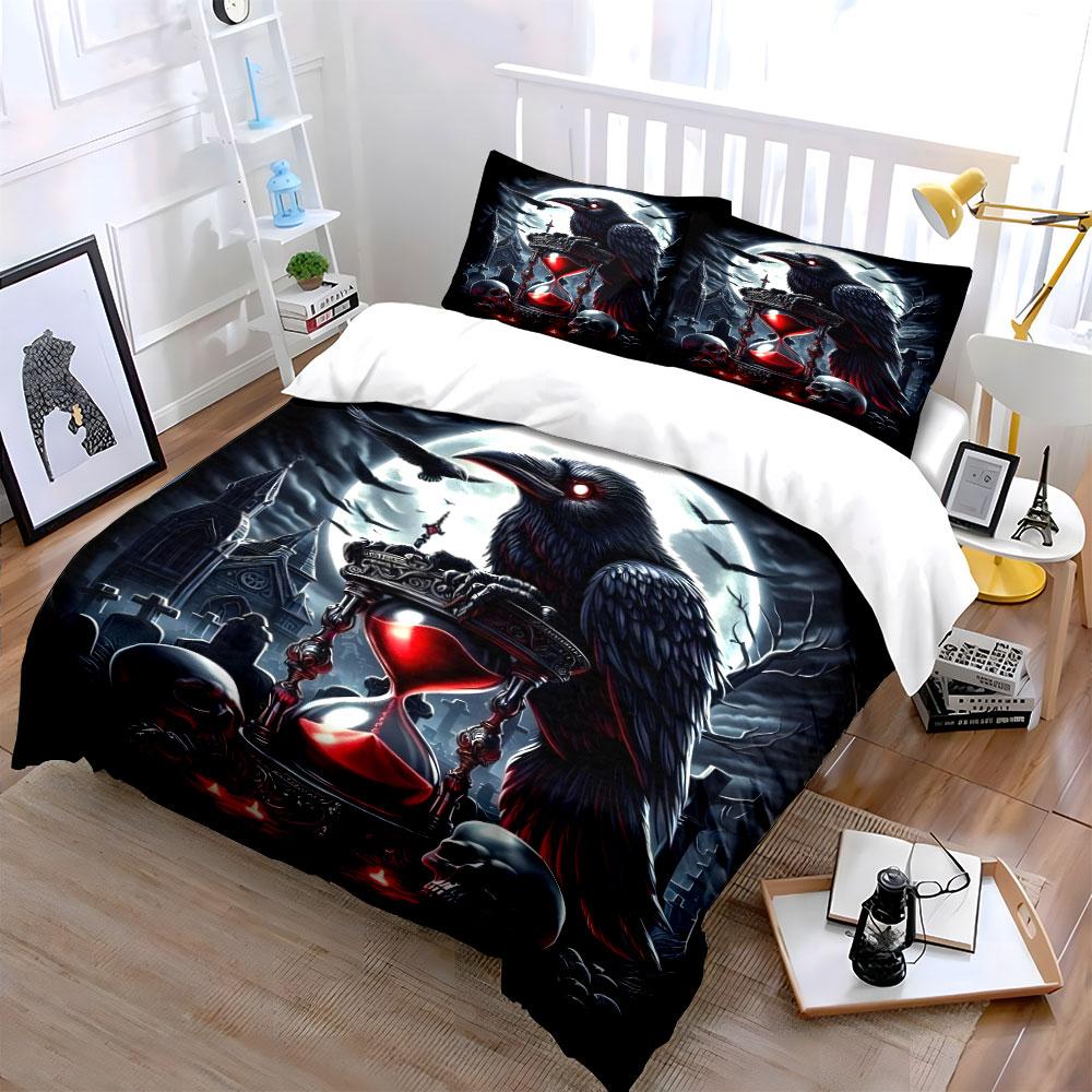 Conjunto de Roupa de Cama com Estampa de Corvo Negro com Cena de Ampulheta 1 Capa de Edredom 2 Fronhas para Adultos e Crianças Presente de Luxo Tamanho Completo