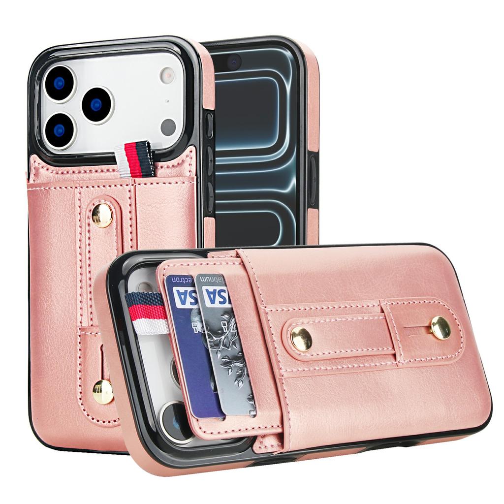 For iPhone 17 Pro Case PU Leather+TPU Hidden Card Holder Drop-proof Phone Cover with Kickstand