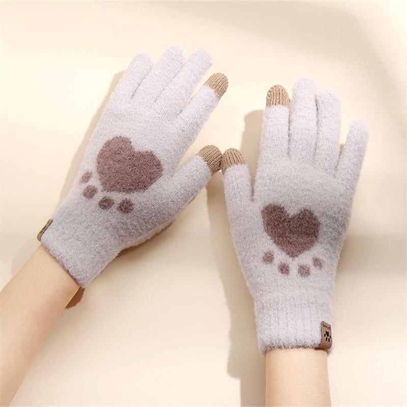 Guanti alla Moda con Stampa Zampa di Gatto Guanti Lavorati a Maglia Touchscreen per Cellulare Inverno Caldi Spessi Morbidi Soffici per Donna