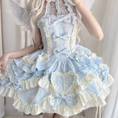 Lovely Kawaii Slash Neck Slim Lolita Dress Women Sweet Design Bow Off Shoulder Sling Dresses Elegant Cute Pretty Clothing