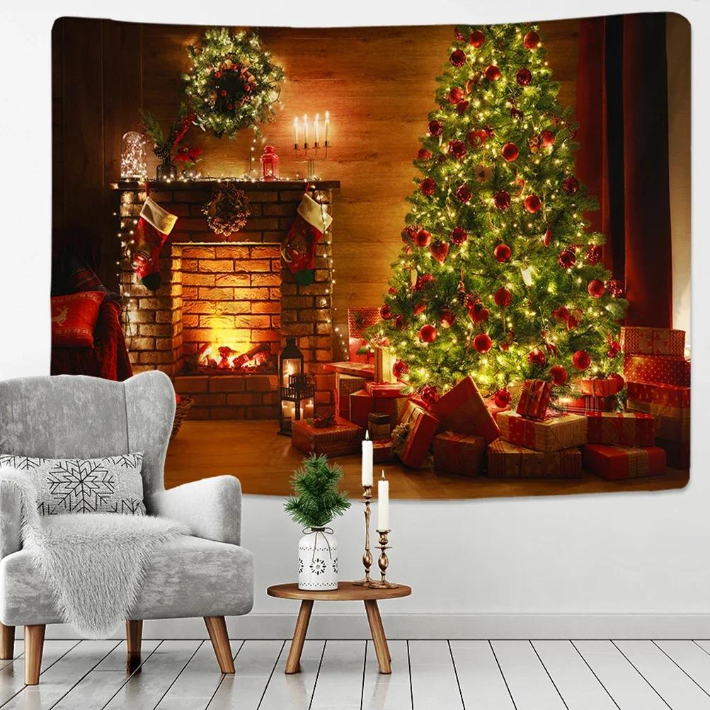 New Year Christmas Decoration Snow House Nature Cat Tapestry Kawaii Decor Wall Hanging Psychedelic Hippie Aesthetic Home Decor