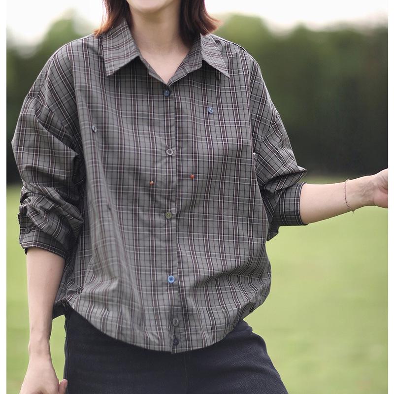 Women's Retro Plaid Color Block Button-Down Long Sleeve Shirt - 2025 Autumn/Winter Loose Fit Slimming Casual Top