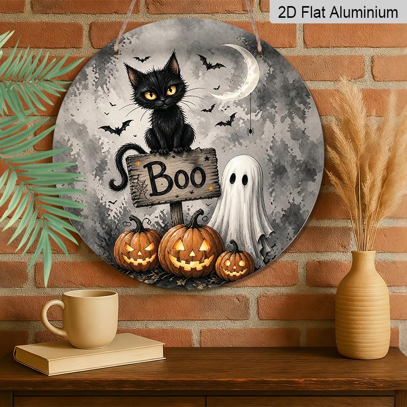 2D Flat, 1pc Round Aluminum Hanging Sign, Vintage Watercolor Black Cat Ghost Pumpkin Boo Printed Plaque, Spooky Rustic Farmhouse Halloween Front Door