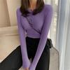 Women Tight Knit Pullover Top Long Sleeve Button O Neck Knitted Sweater for Spring Autumn