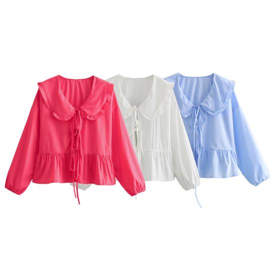 Letní ležérní košile s dlouhým rukávem a klopou, krajkovým zapínáním, jednobarevná volánová lemová volná košile s topy