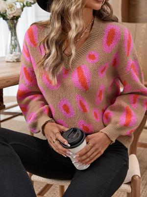 V-Neck Color Block Leopard Print Women's Sweater - Autumn/Winter Collection