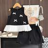 Girls Summer Bow Lace Tank Top And Shorts Set Cute Toddler Two Piece Outfit Casual Kids Clothing