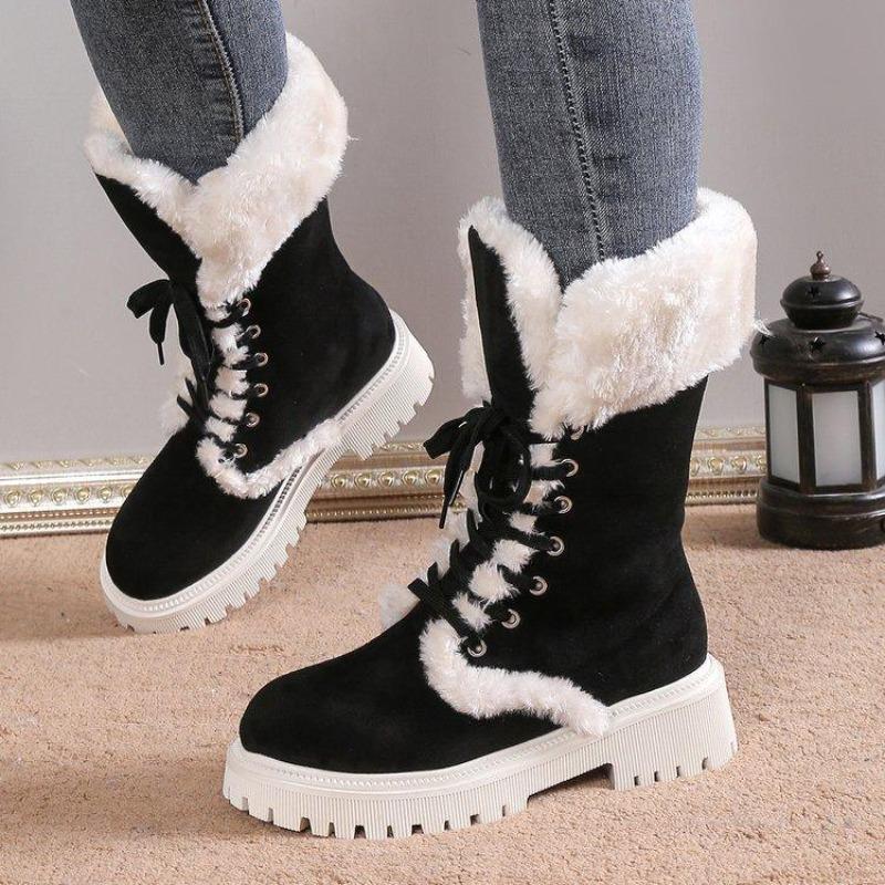 Damen Warme Faux Fur Fleece Gefütterte Faux Wildleder Klobiger Absatz Plateau Schlupfstiefel Schnürung Runde Zehenpartie Mid-Calf Winter Schneestiefel