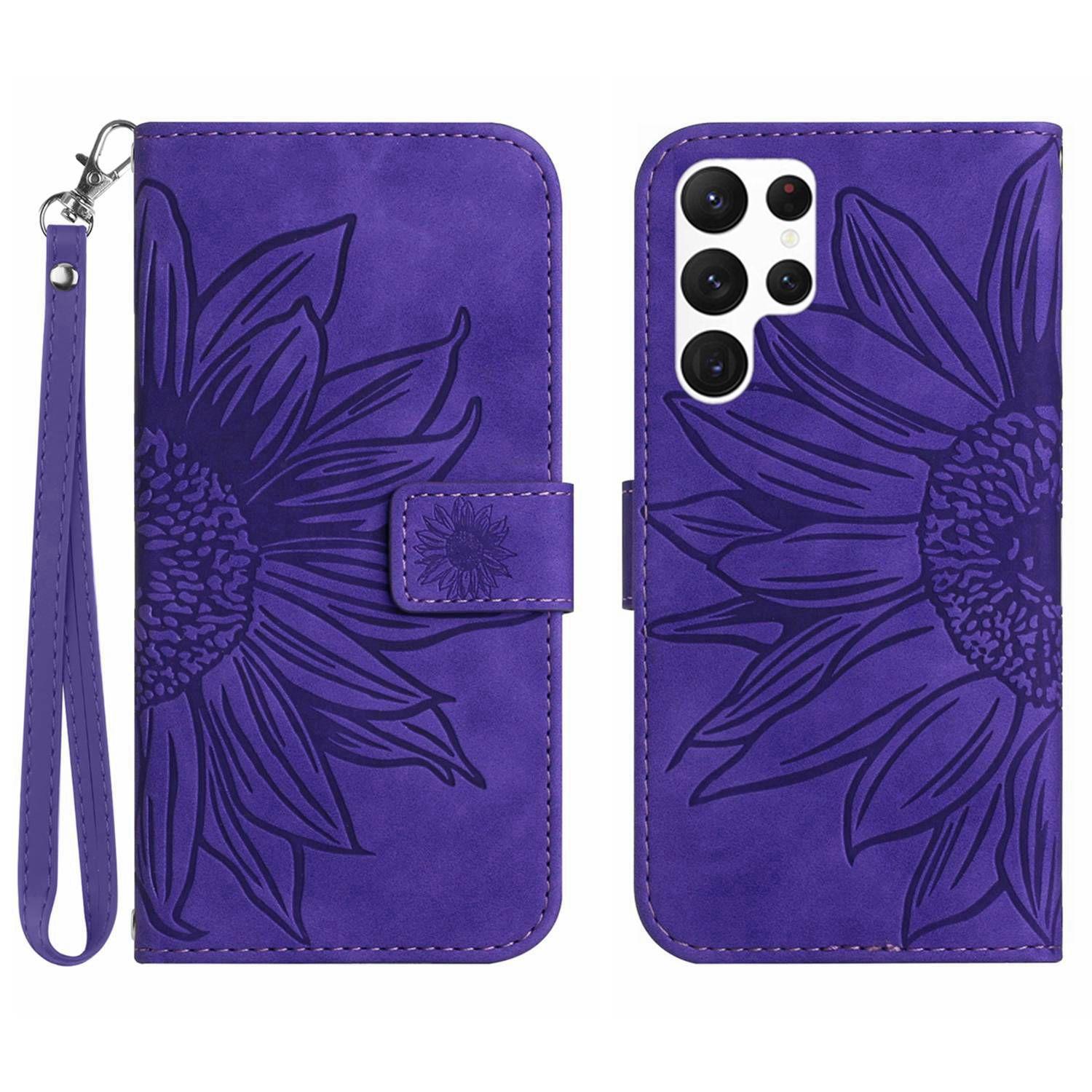 

HT04 For Samsung Galaxy S24 Ultra Cover PU Leather Phone Case with Wrist Strap Dark Purple