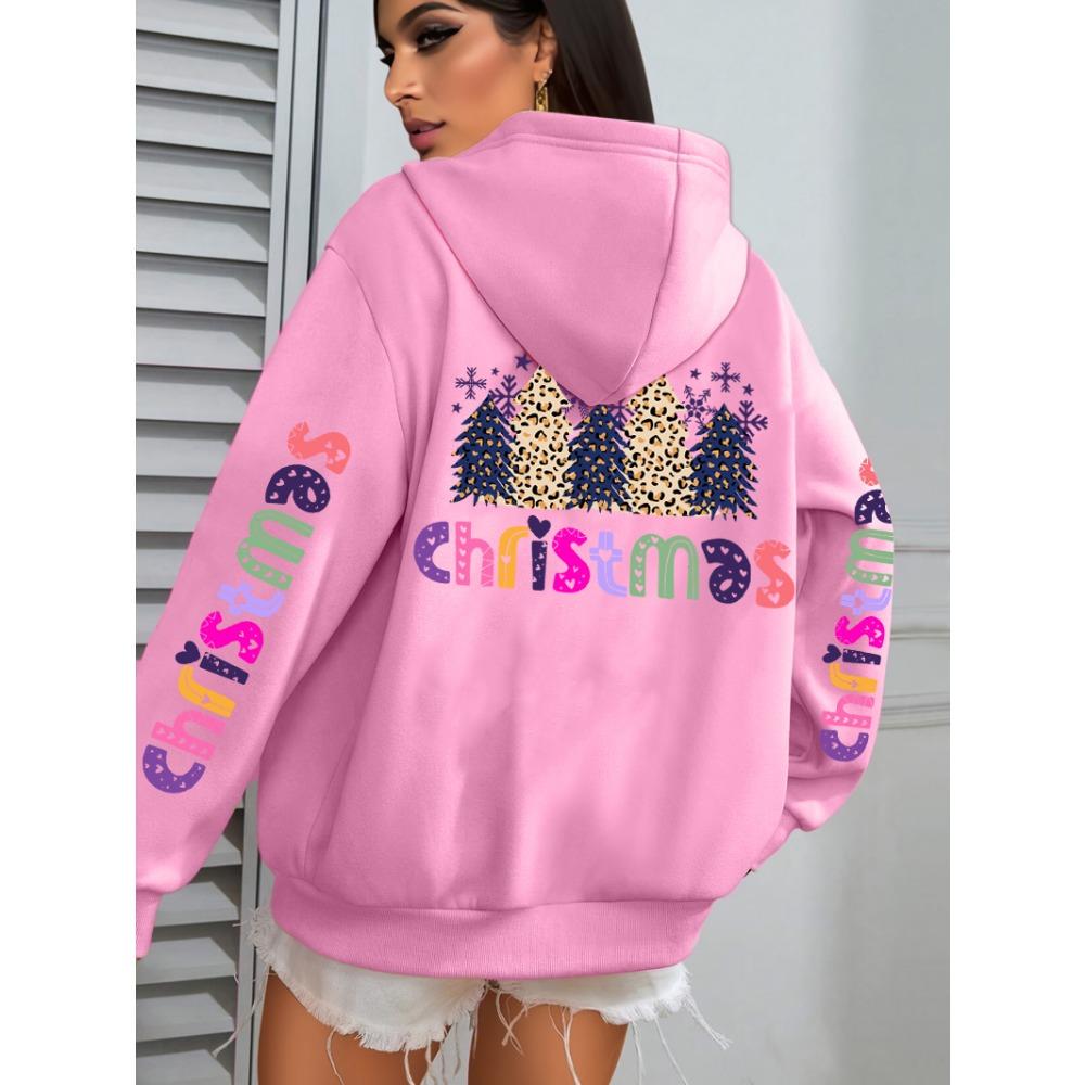 Merry Christmas Leopard Trees Printing Hoodie Women Hip Hop All-Match Streetwear Casual Loose Hoodies Autumn Woman Hoody