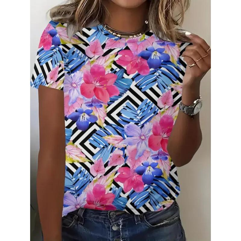 Women's Summer Casual Versatile Design 3D Printed Round Neck Short Sleeved T-shirt