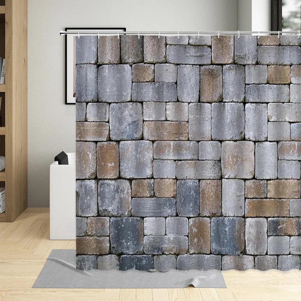 Stone Wall Brick Texture Shower Curtain Set Retro Geometric Red Gray White Bathroom Decor Bathtub Screen Curtains Polyester Hook
