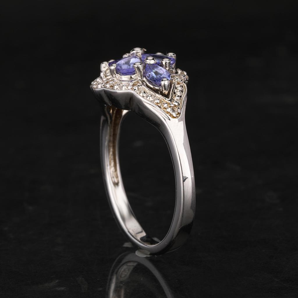 Tanzanite & White Topaz Ring 925 Sterling Silver Rhodium Plated Pear Cut Gemstone Ring for Women