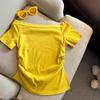 Women's Retro Off-the-Shoulder Short-Sleeve T-Shirt, Summer 2025, Ruched Waist Slimming Trendy Top