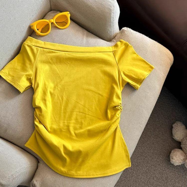 Women's Retro Off-the-Shoulder Short-Sleeve T-Shirt, Summer 2025, Ruched Waist Slimming Trendy Top
