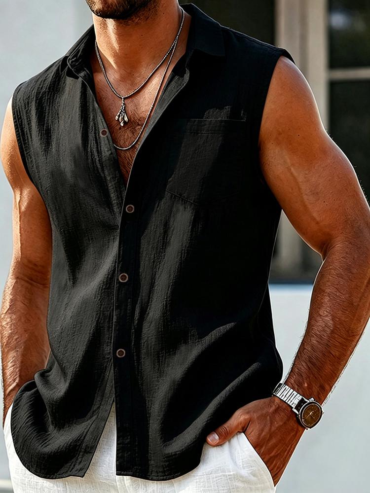 Men's Linen Texture Sleeveless Button-Up Shirt with Chest Pocket - Lightweight Summer Vacation Top