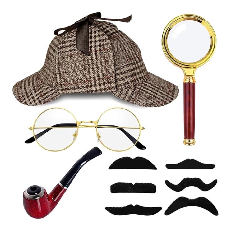 Костюм Детектива с Шляпой Детектива Холмса Очки Увеличительное Стекло Набор Аксессуаров Детективные Костюмы для Хэллоуина Косплея 1