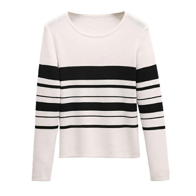 Round Neck Knitwear Women's Pullover Slim Gentle Wind Autumn Tops Black and White Striped Long-sleeved Bottoming Shirt