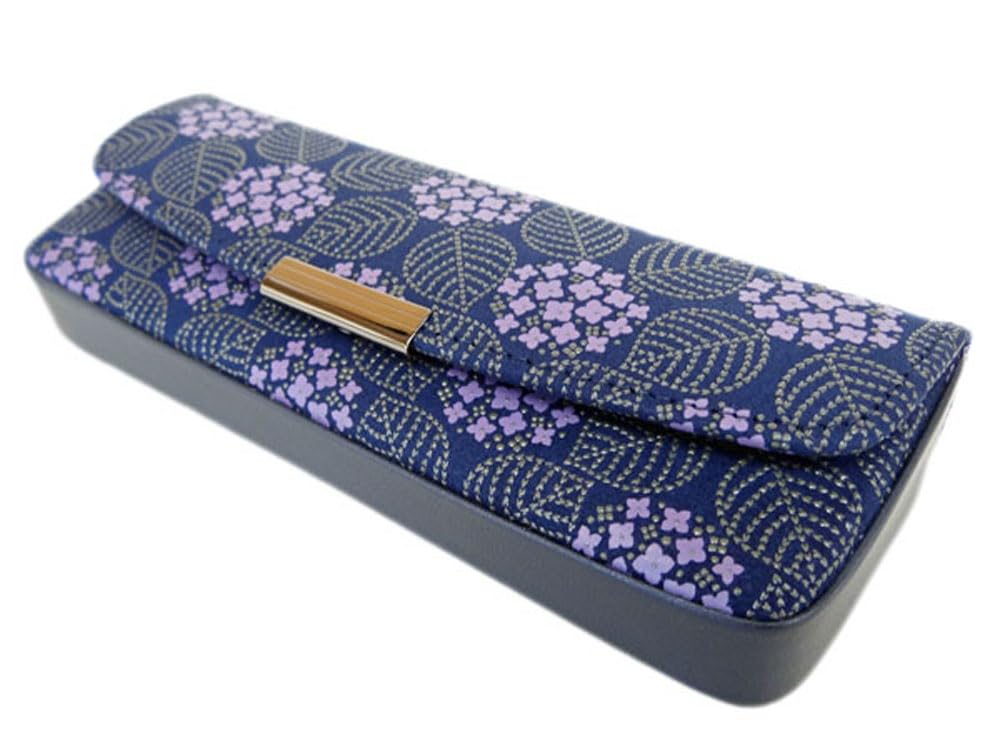 Large Hard Eyeglass Inden Navy Blue Deerskin with Gray Purple Chintz Hydrangea Pattern [Inden-ya] Case, 8007, Misono, Lacquer, Design,