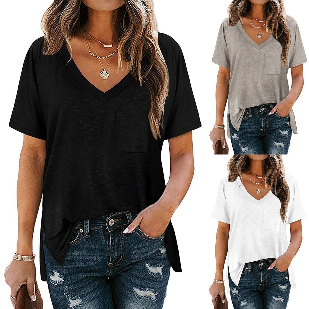 Women's Fashion Casual V-Neck Solid Color Flowy Loose Short-Sleeved T Shirt Top