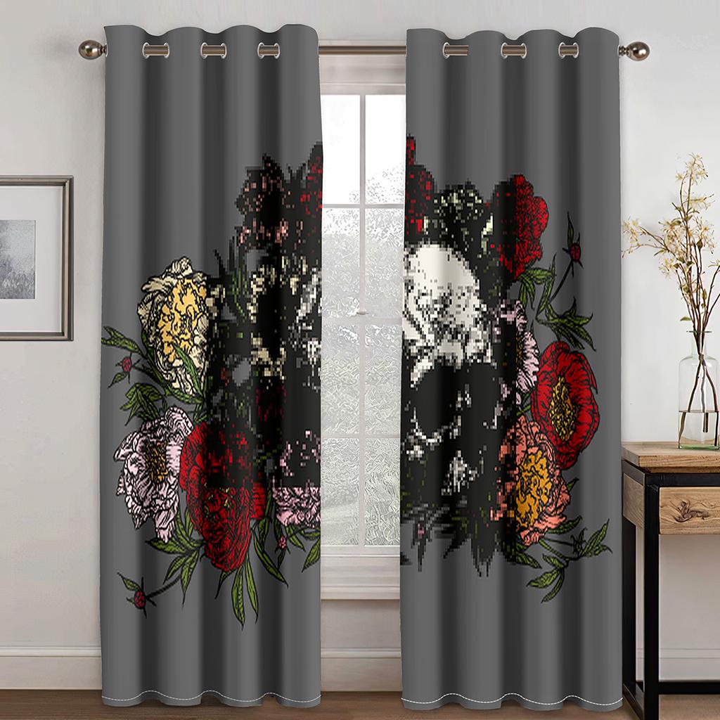 Death Skull and Flowers New series digital Print Drape Livingroom Space Bedchamber 90g polyester curtain fabric two panels