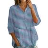 Women's Button Front Notched Collar Striped Print Three Quarter Sleeve Loose Fit Blouse Shirt