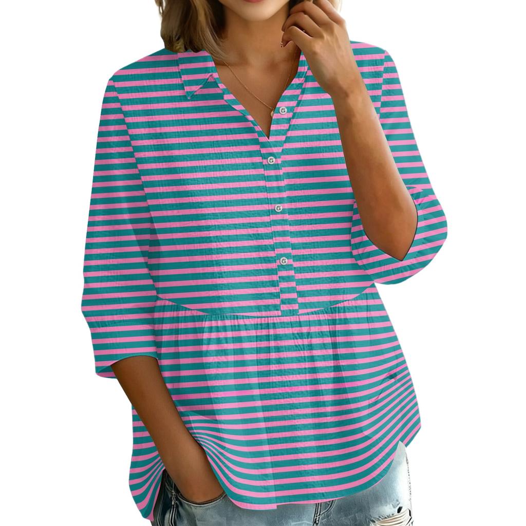 Women's Button Front Notched Collar Striped Print Three Quarter Sleeve Loose Fit Blouse Shirt
