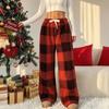 Soft Skin Friendly Sleep Pants Women Plaid Wide Leg Pants, Drawstring High Waist Thick Coral Fleece Velvet Trousers Warm Loungewear, Anti-Pilling