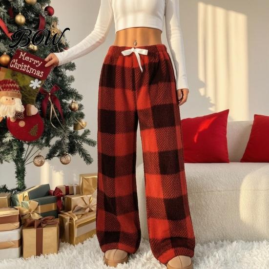 Soft Skin Friendly Sleep Pants Women Plaid Wide Leg Pants, Drawstring High Waist Thick Coral Fleece Velvet Trousers Warm Loungewear, Anti-Pilling