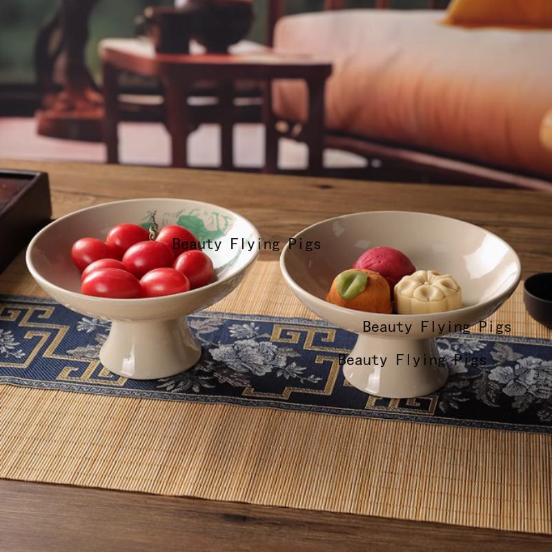 1pc Ceramic Dim Sum Tray Afternoon Tea and Snack Plate Chinese Style Sacrificial Dishes Kitchen High Footed Dish Household Items