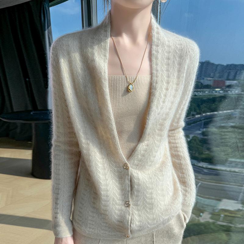 Women's High-End Pure Wool Scarf Collar Cardigan - Solid Color Autumn Winter Fashion Sweater